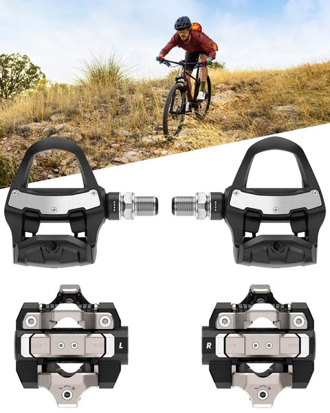 Rally RK210 And XC210 Dual Sensing Power Meter Pedals for road and off-road with cyclist riding uphill in background