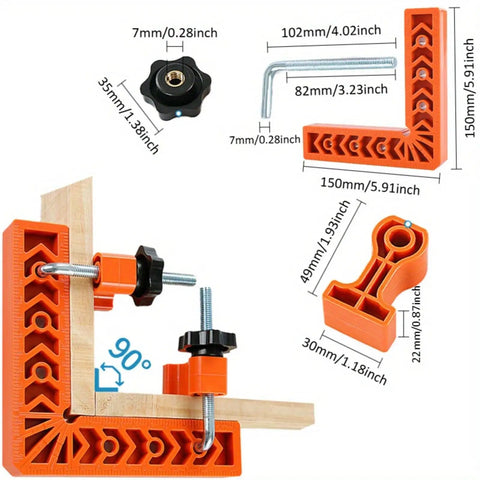 Seven Piece 90 Degree Precision Right Angle Clamp Set For Woodworking And Frame Making Keeps Corners Square In Picture Frames Boxes Drawers And Cabinets Boosting Your Pro Crafting Workflow And Accuracy, orange clamp with 150mm frame