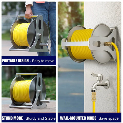 Kick Clutter Outdoors Forever With This Heavy Duty Stainless Steel Garden Hose Reel Wall Mount in portable and wall-mounted designs.