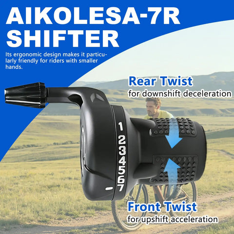 Revoshift 3x7 Speed Shifter Set for Mountain Bikes showing left lever with non-slip rubber grips