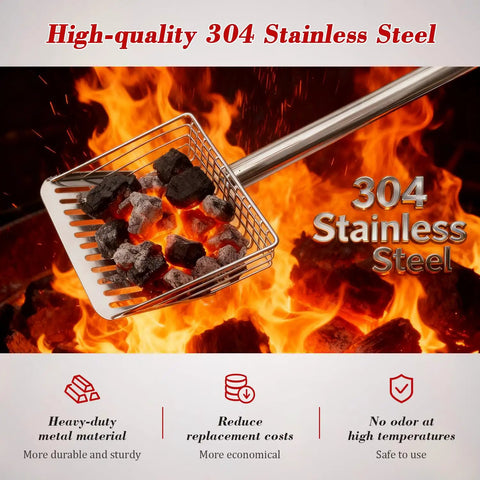 Heavy Duty Fireplace Ash Shovel With Adjustable Three Section Handle for fire pit use, 304 stainless steel with coal