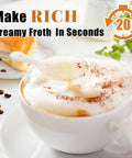 Cup of coffee with frothy milk, spoon, and text about making froth in 20 seconds using Milk Frother Wand For Coffee, Totally Handheld Rechargeable Electric Whisk With Three Heads And Three Speeds, Easy To Use Latte Cappuccino And Hot Chocolate Foamer, Portable Kitchen Barista Grade Mixer.