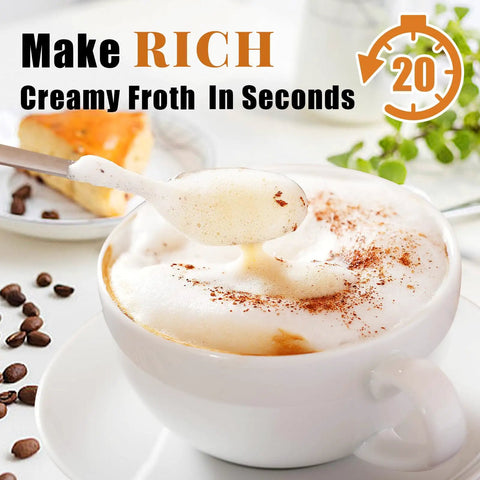Cup of coffee with frothy milk, spoon, and text about making froth in 20 seconds using Milk Frother Wand For Coffee, Totally Handheld Rechargeable Electric Whisk With Three Heads And Three Speeds, Easy To Use Latte Cappuccino And Hot Chocolate Foamer, Portable Kitchen Barista Grade Mixer.
