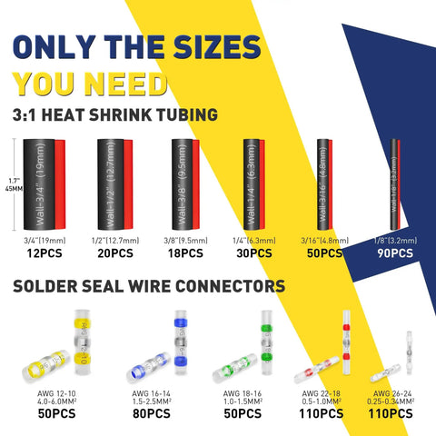 620-Piece Solder Seal Wire Connectors And Heat Shrink Tubing Kit showing different sizes of 3:1 shrink tubing and connectors