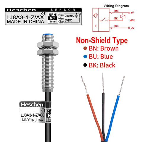 Inductive Proximity Sensor Switch M8 Shield Type 5V DC 3-Wire NPN Normally Closed 1mm Sensing Distance with 120cm Cable