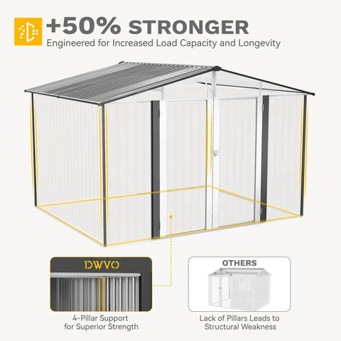 Diagram of 10 By 8 Ft Outdoor Storage Shed With Lockable Doors And Ventilation, Spacious Metal Tool Shed highlighting structure strength.