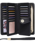 Leather RFID Blocking Womens Wallet With Large Capacity Trifold Design And Wristlet Clutch Card Holder open showing card slots