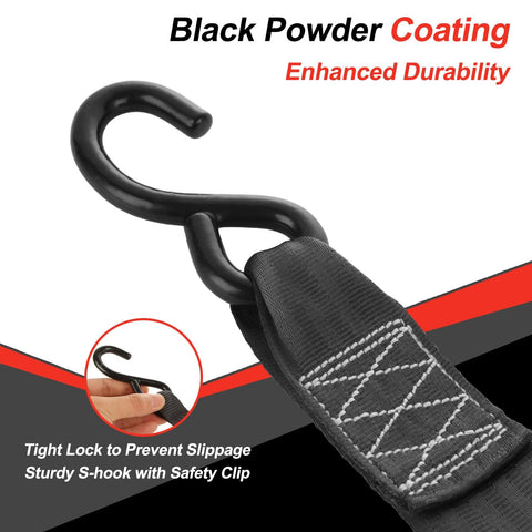 Close-up of S hook on 2 Pack 2 Inch Auto Retractable Ratchet Straps With S Hooks, Heavy Duty 15ft Self Retracting Tie Down Straps, 3310 Lbs Break Strength