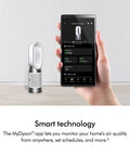 Hand holding smartphone displaying app for top rated air purifier with heat and cool function and true HEPA filtration.