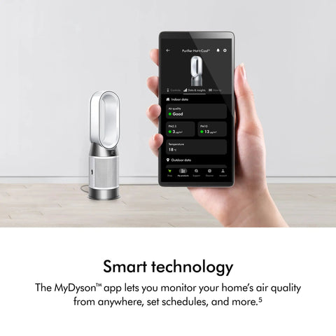 Hand holding smartphone displaying app for top rated air purifier with heat and cool function and true HEPA filtration.