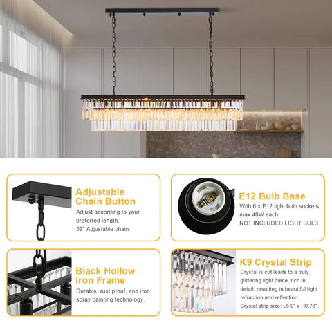 Rectangular Crystal Chandelier Black Modern Luxury With Six Lights Ceiling Fixture over dining room table, showing details.