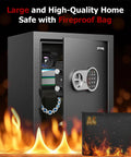 2.3 Cu Ft Fireproof Home Safe With Digital Keypad Electronic Lock Removable Shelf And Adjustable Rails Ideal For Storing Money Cash Documents Jewelry And Valuables In Office Or Home Security with open door showing items inside and an additional fireproof bag in flames.