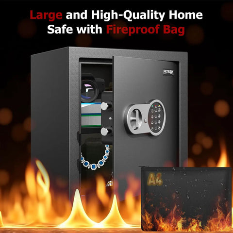 2.3 Cu Ft Fireproof Home Safe With Digital Keypad Electronic Lock Removable Shelf And Adjustable Rails Ideal For Storing Money Cash Documents Jewelry And Valuables In Office Or Home Security with open door showing items inside and an additional fireproof bag in flames.