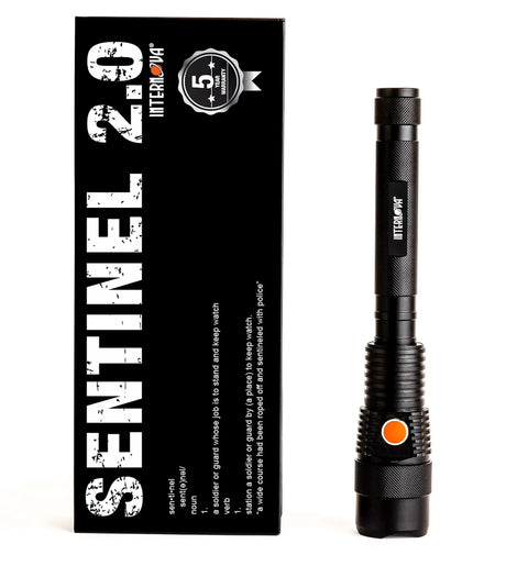 Sentinel 2000 Lumen Rechargeable Flashlight, 10.5-Inch Handheld LED, USB Cord, Magnetic Gift Box, shown with packaging.