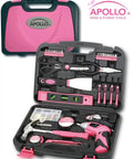 Pink 135 Piece Home DIY Tools Set With Pivoting Dual Angle 3.6V Lithium Ion Cordless Screwdriver, hammer, pliers, and more in case