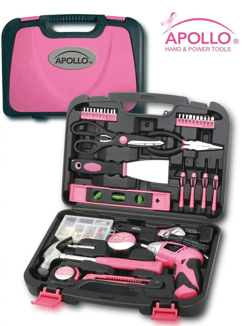 Pink 135 Piece Home DIY Tools Set With Pivoting Dual Angle 3.6V Lithium Ion Cordless Screwdriver, hammer, pliers, and more in case