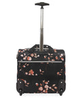 Valentina Underseat Wheeled Carry On Luggage With Floral Branch Design, black with pink flowers, showing push button handle and inline wheels