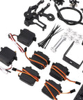 Industrial Grade Black Aluminum Six Axis Robotic Arm Claw Kit components including six high torque servo motors and accessories.