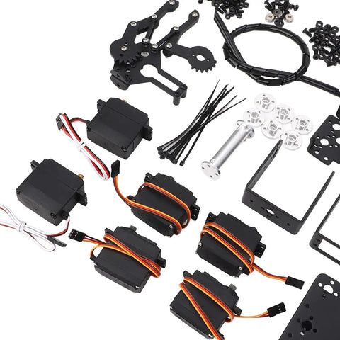 Industrial Grade Black Aluminum Six Axis Robotic Arm Claw Kit components including six high torque servo motors and accessories.