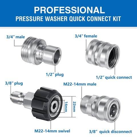Front view of pressure washer quick-connect kit with M22 swivel and stainless steel 3/8 in and 1/2 in fittings
