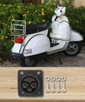 Built Tough IP67 Waterproof Male Female Energy Storage Connector 500V 50A displayed alongside a vintage white scooter.