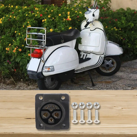 Built Tough IP67 Waterproof Male Female Energy Storage Connector 500V 50A displayed alongside a vintage white scooter.