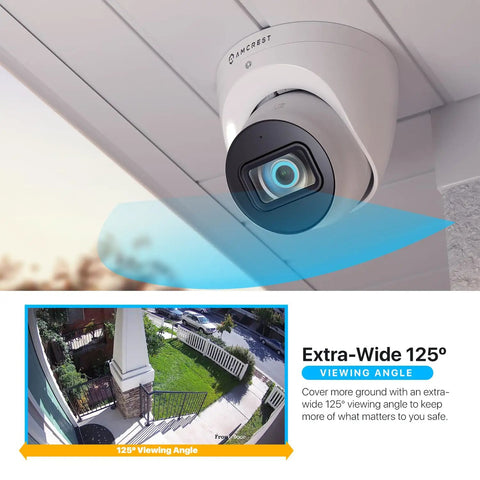 4K Analog Turret Outdoor Security Cam 8MP At 15fps With Coax BNC CCTV 65ft Night Vision 125 Degree Field Of View Built In Mic Weatherproof IP67 White DVR Not Included mounted on ceiling showing 125° viewing angle.