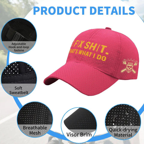 Golf Cap With I Fix Shit Thats What I Do Print Quick Dry Baseball Hat For Him Outdoor Camping Hiking Daywear Cap shown in red.