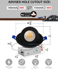 Advised hole cutout size for Slick 12 Pack 4 Inch Black Gimbal Led Recessed Lights showing dimensions and installation details.