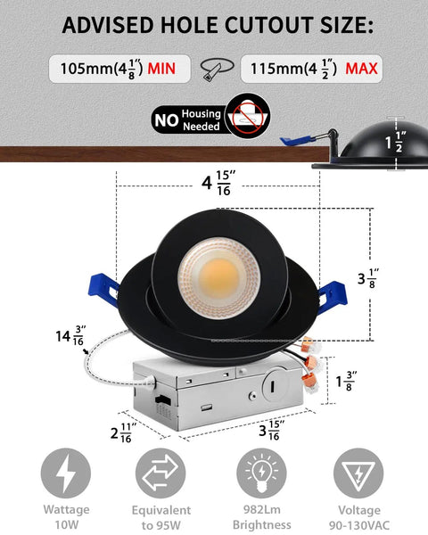 Advised hole cutout size for Slick 12 Pack 4 Inch Black Gimbal Led Recessed Lights showing dimensions and installation details.