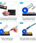 Setup and use of the 60W Soldering Iron Kit With Adjustable Temperature and 13 in 1 Pro Grade Electronics Tool Set, including stand and sponge.