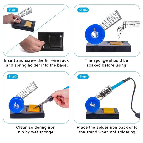 Setup and use of the 60W Soldering Iron Kit With Adjustable Temperature and 13 in 1 Pro Grade Electronics Tool Set, including stand and sponge.