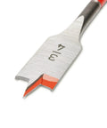 Flat Spade Drill Bit 6 Inch By 3/4 Inch With 1/4 Inch Quick Release Hex Shank, close-up of reinforced tip geometry