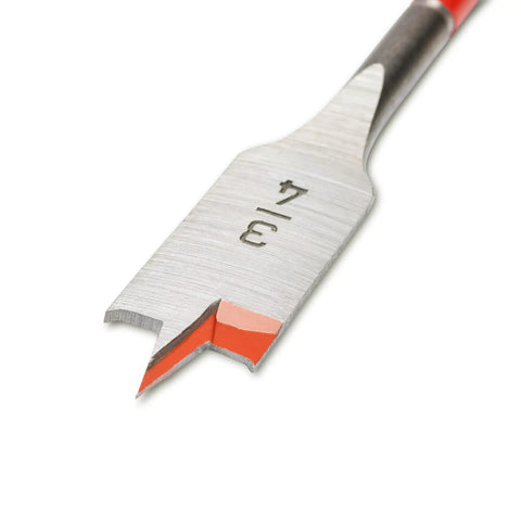 Flat Spade Drill Bit 6 Inch By 3/4 Inch With 1/4 Inch Quick Release Hex Shank, close-up of reinforced tip geometry