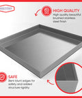 Built Tough Stainless Steel Washer Drain Pan Tray For No Fuss Leak Prevention And Spill Containment Under Washer Floor Protection 27x25x2.5 Inches Rust Resistant Rugged Laundry Appliance Shield with blunt edges and brushed finish