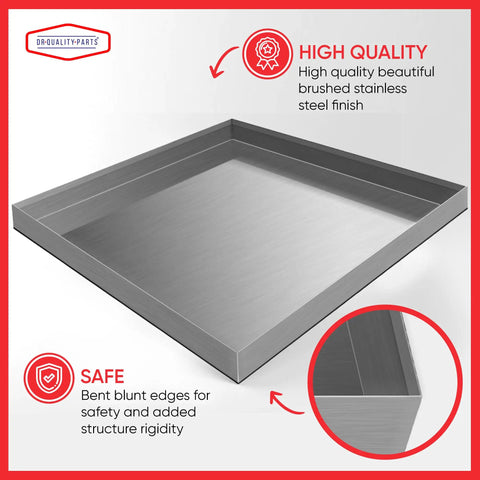 Built Tough Stainless Steel Washer Drain Pan Tray For No Fuss Leak Prevention And Spill Containment Under Washer Floor Protection 27x25x2.5 Inches Rust Resistant Rugged Laundry Appliance Shield with blunt edges and brushed finish