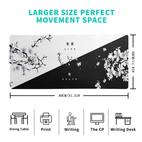 Extended Black And White Sakura Cherry Blossom Desk Pad For Gaming Office Or Home Setup, 31.5 By 11.8 Inches Non Slip Rubber Base