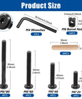 Heavy Duty Crib Screws Hardware Replacement Kit With M6 Barrel Nuts Dowel Pins And Hex Wrenches product size chart with dimensions