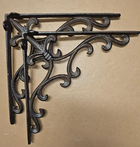 Sturdy Cast Iron Shelf Bracket Set 10x10 Inches With Ornate Fleur De Lis Design Matte Brown Finish Six Pack Heavy Duty Wall Shelf Supports