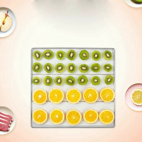 Top Shelf 1000W Food Dehydrator With 8 Spacious Trays And Smart Digital Controls displaying sliced kiwi and oranges.