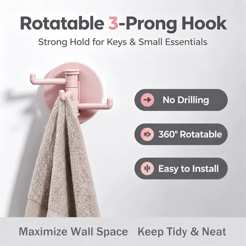 No Drill Rotatable 3 Prong Wall Hook With Insane Adhesive Hold For Durable Key Towel Bag Storage Waterproof Swiveler, showcasing mounted towel.