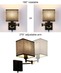Set Of 2 Plug In Wall Lamps With Swing Arm Sconces, Dimmable Corded Lights, No Hardwire Needed, Black Fabric Shade, rotatable arm