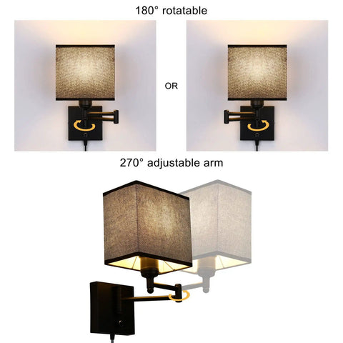Set Of 2 Plug In Wall Lamps With Swing Arm Sconces, Dimmable Corded Lights, No Hardwire Needed, Black Fabric Shade, rotatable arm