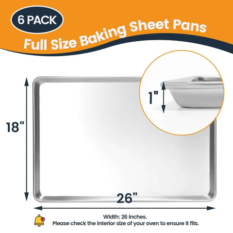 Six Pack Full Size Aluminum Baking Sheets Set, Nonstick Durable Cookie Sheets 26 By 18 Inches, NSF Certified dimensions