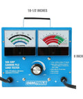 Front view of 500 Amp 12V Battery Load Tester with Carbon Pile Voltage Meter and dials for cars and motorcycles, 10.5 x 9 inches.