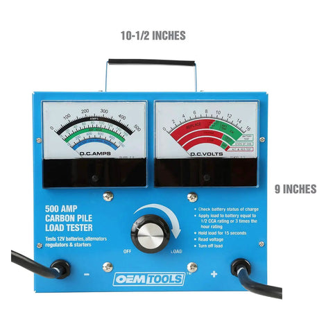 Front view of 500 Amp 12V Battery Load Tester with Carbon Pile Voltage Meter and dials for cars and motorcycles, 10.5 x 9 inches.