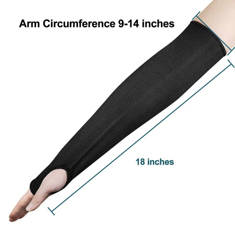Level 5 Cut Resistant Sleeves 2 Pack With Thumb Holes, 18 Inch Extra Long Arm Guards, black sleeve on arm showing measurements