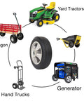 Two Pack Flat Free Ten Inch Solid Rubber Tires And Wheel Set For Hand Trucks Dollies And Wheelbarrows Five Eighths Inch Axles Two And A Quarter Inch Offset Hub Fits Ten Inch Tires On Four Inch Rims No Flats Replacement Wheels shown with wagon, hand truck, yard tractor, wheelbarrow, and generator.