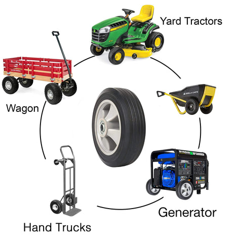 Two Pack Flat Free Ten Inch Solid Rubber Tires And Wheel Set For Hand Trucks Dollies And Wheelbarrows Five Eighths Inch Axles Two And A Quarter Inch Offset Hub Fits Ten Inch Tires On Four Inch Rims No Flats Replacement Wheels shown with wagon, hand truck, yard tractor, wheelbarrow, and generator.