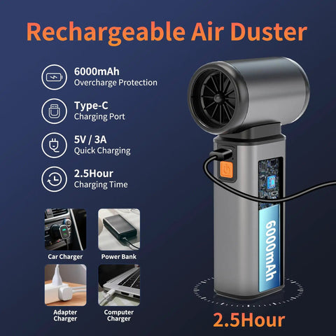 Cordless Air Duster With Stepless Speed Control And Brushless Motor Metal Shell Blower Delivers 120000 RPM, USB-C charging